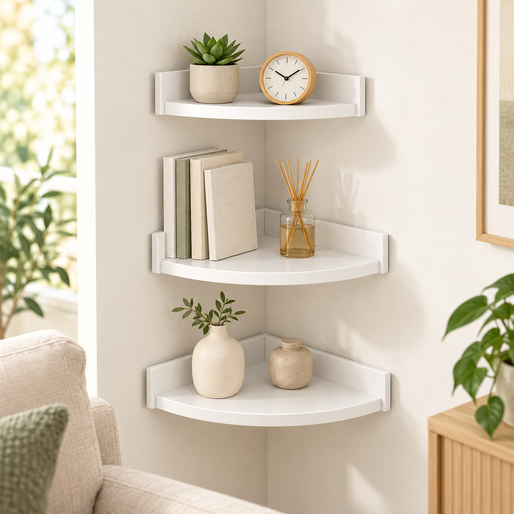 Étagère murale d'angle triangulaire flottante, lot de 3 - Blanc
