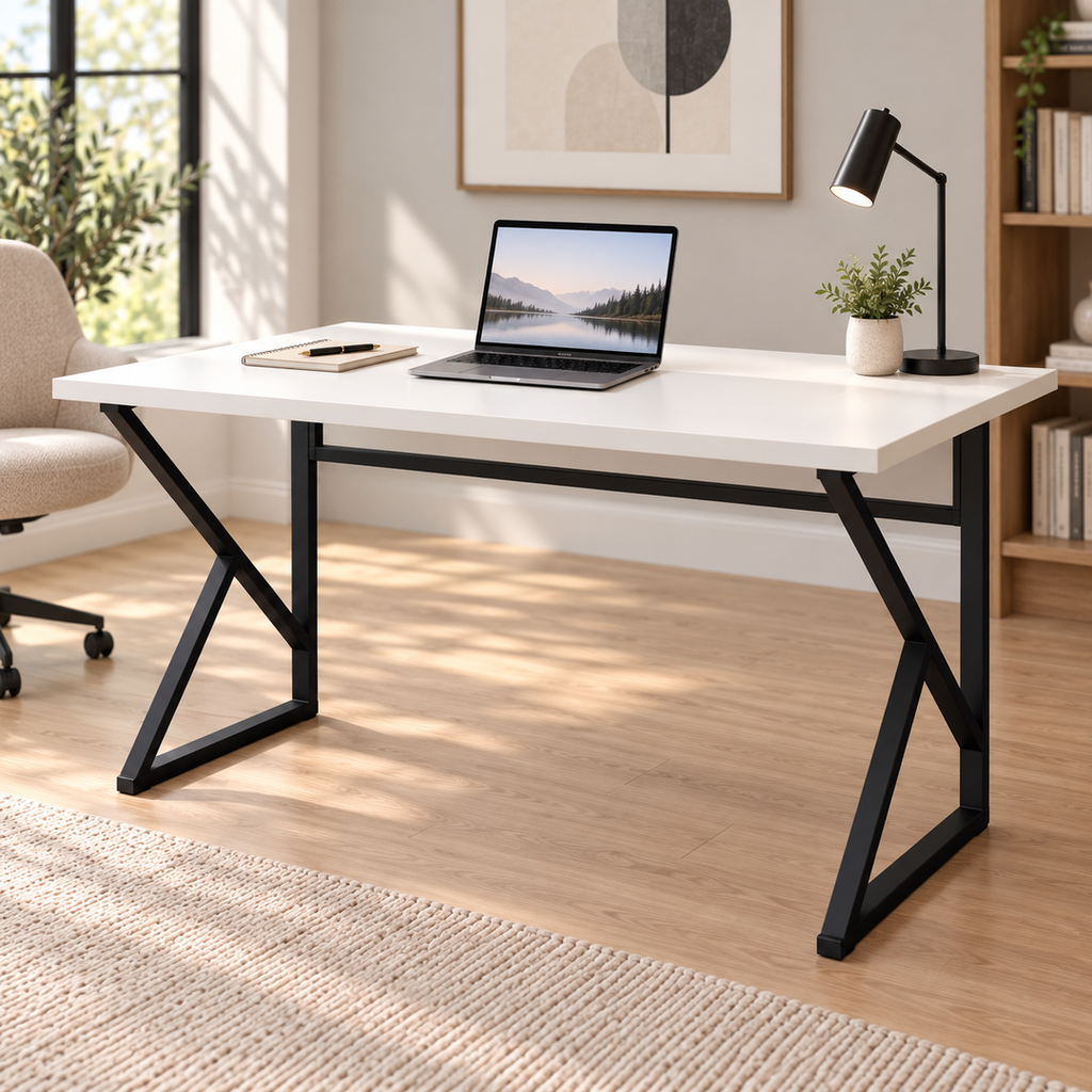 Bureau d'ordinateur de travail en métal avec pieds en Z - Blanc 120 cm