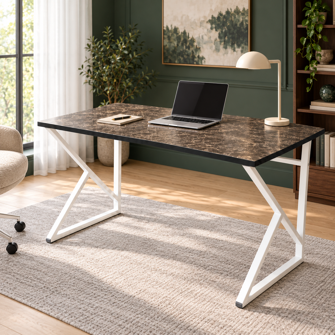 Z-Leg Metal Desk Computer Desk - Black Marble - White Leg 120 cm