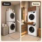Meuble de salle de bain en MDF pour lave-linge et sèche-linge avec compartiment à porte et tiroir - Noyer