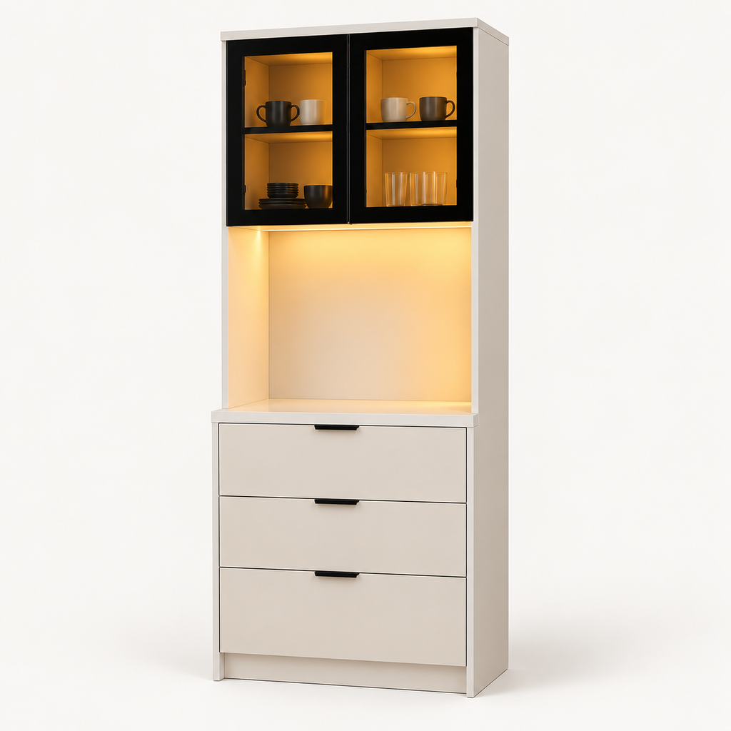 Coin café avec vitrine et LED, 100 % MDF