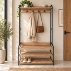 Modern Wooden Coat Rack with Metal Legs 4 Hooks 3 Shelves - Atlantic Pine