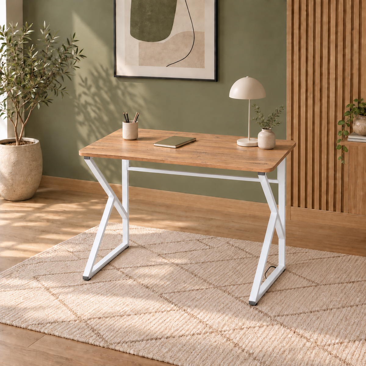 Z-Leg Metal Desk Computer Desk 90 cm Oval - Atlantic Pine - White Leg