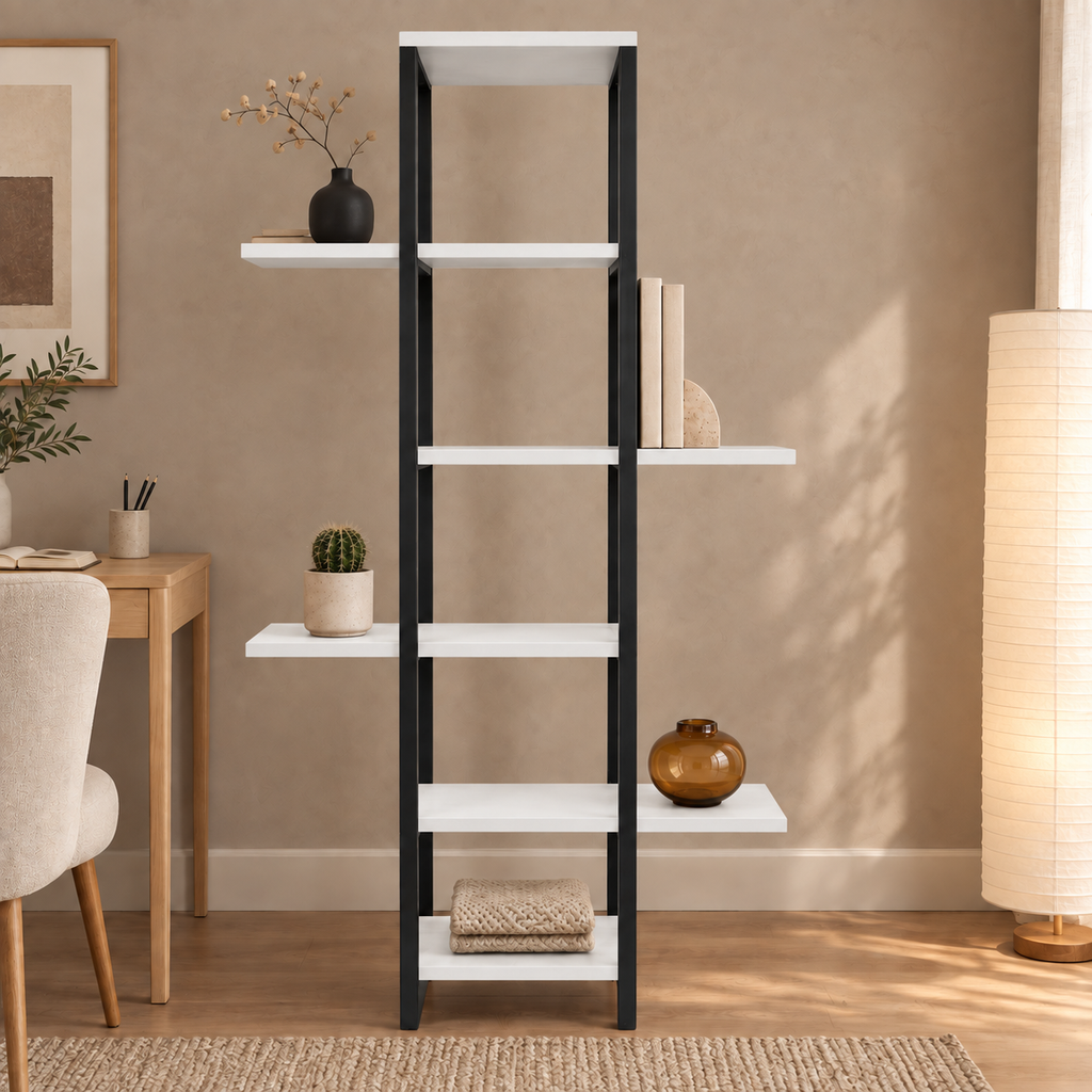 Asymmetrical Metal Bookshelf, Plant Stand, and Decorative Display Unit – White
