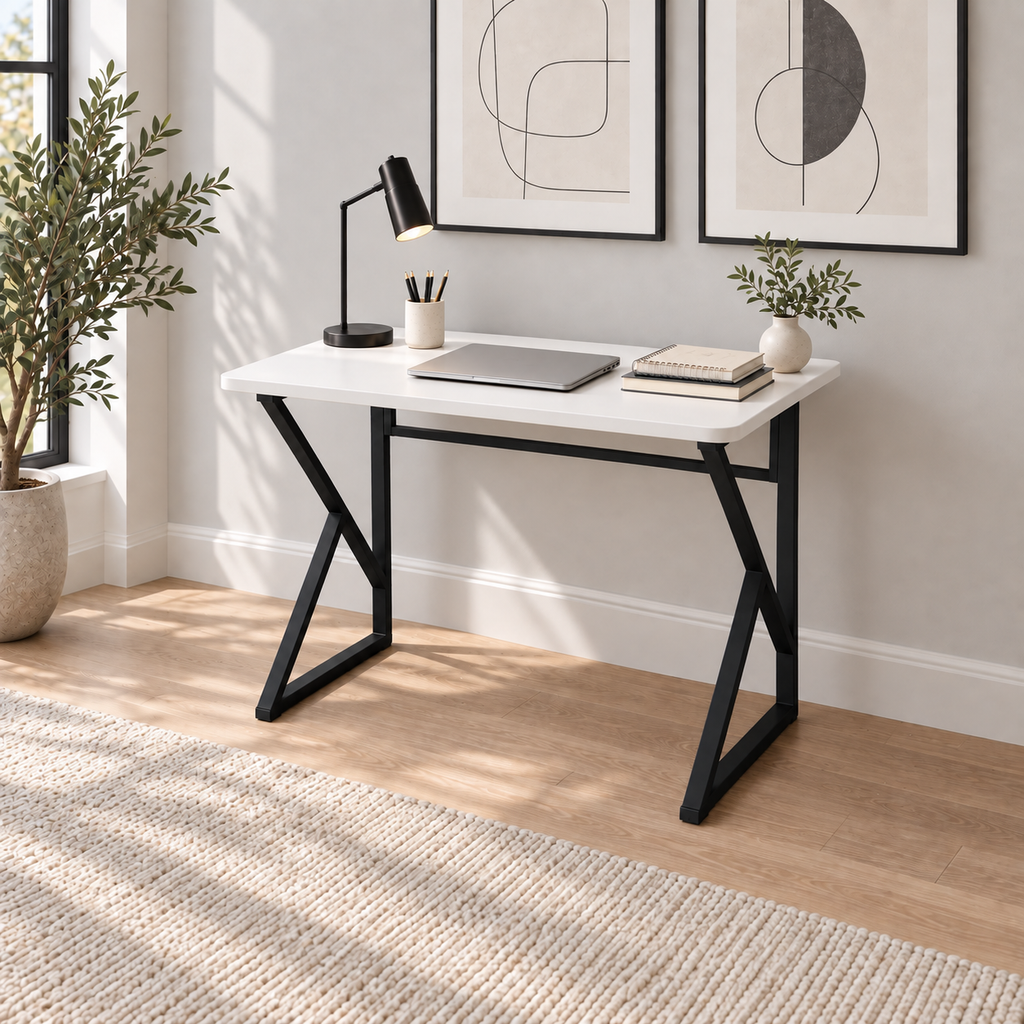Bureau d'ordinateur en métal avec pieds en Z, 90 cm, ovale - Blanc - Pieds noirs