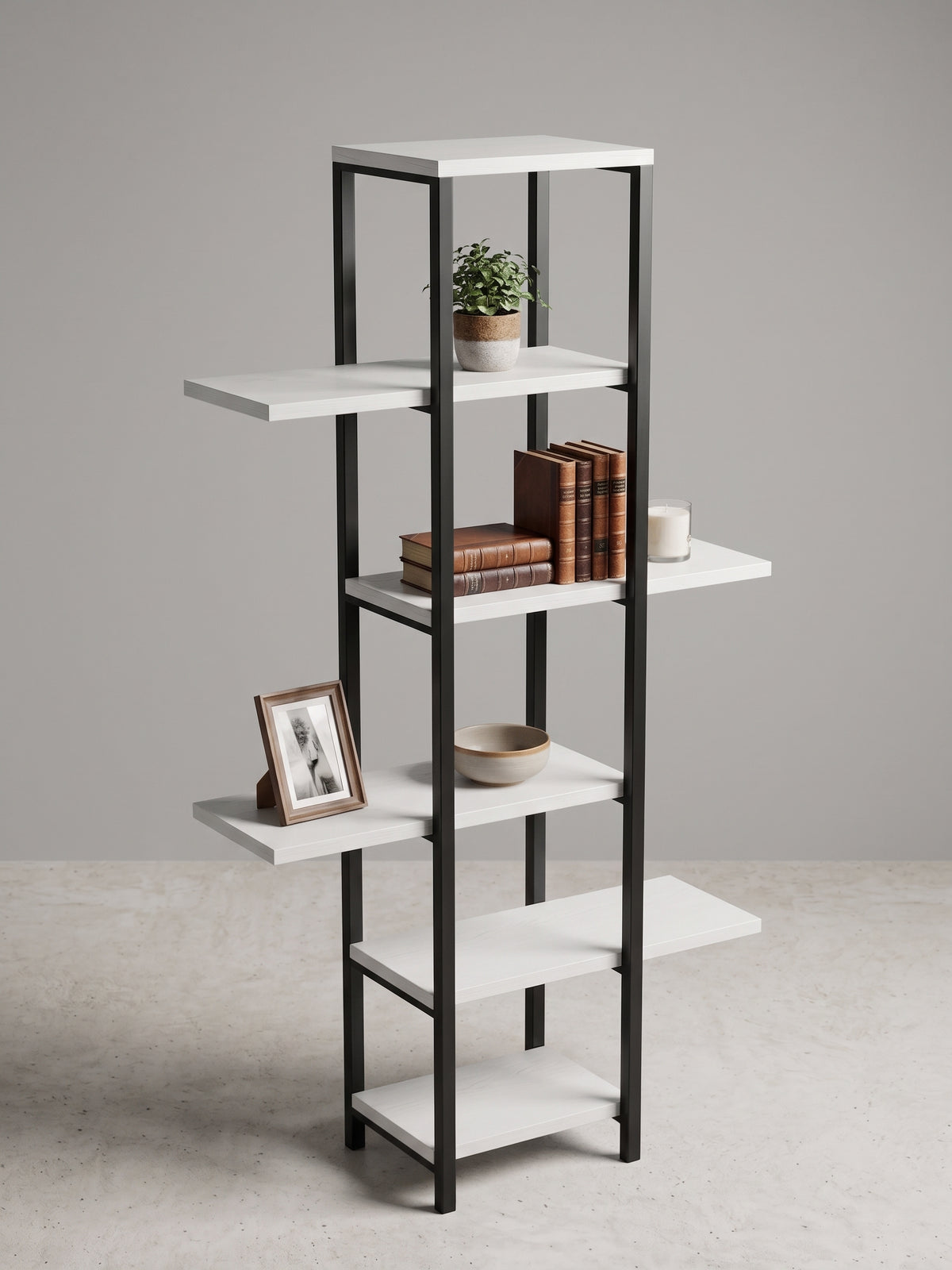 Asimetrik Raflı Metal Kitaplık, Saksılık ve Dekoratif Objelik – Beyaz