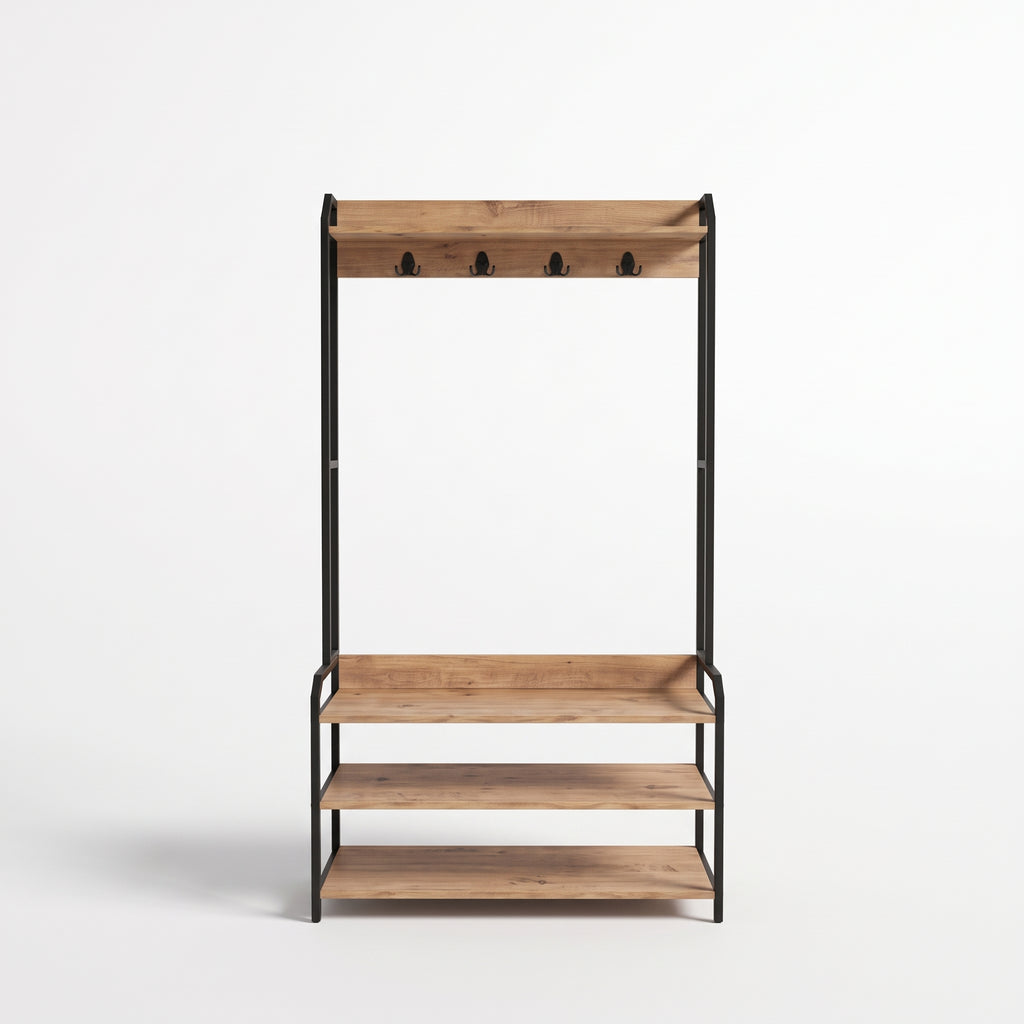 Modern Wooden Coat Rack with Metal Legs 4 Hooks 3 Shelves - Atlantic Pine