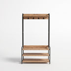 Modern Wooden Coat Rack with Metal Legs 4 Hooks 3 Shelves - Atlantic Pine