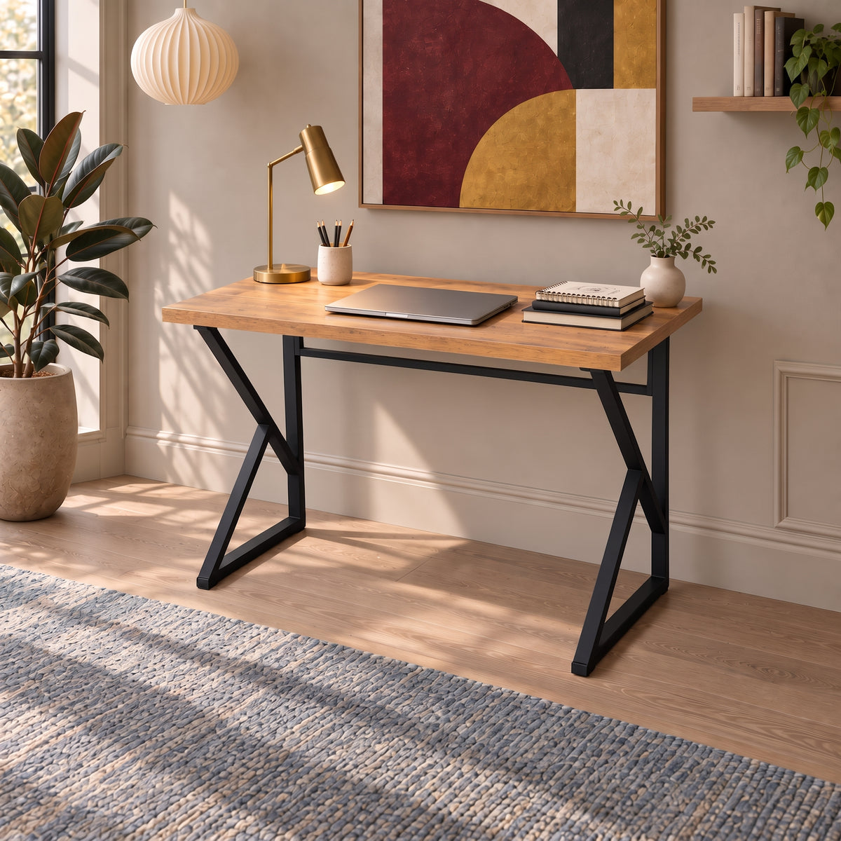 Z-Leg Metal Desk Computer Desk 90 cm - Atlantic Pine - Black Leg