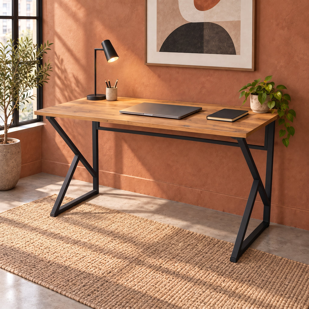Z-Leg Metal Desk Computer Desk - Atlantic Pine - Black Leg 120 cm