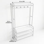Modern Wooden Coat Rack with Metal Legs, 4 Hooks and 3 Shelves - White