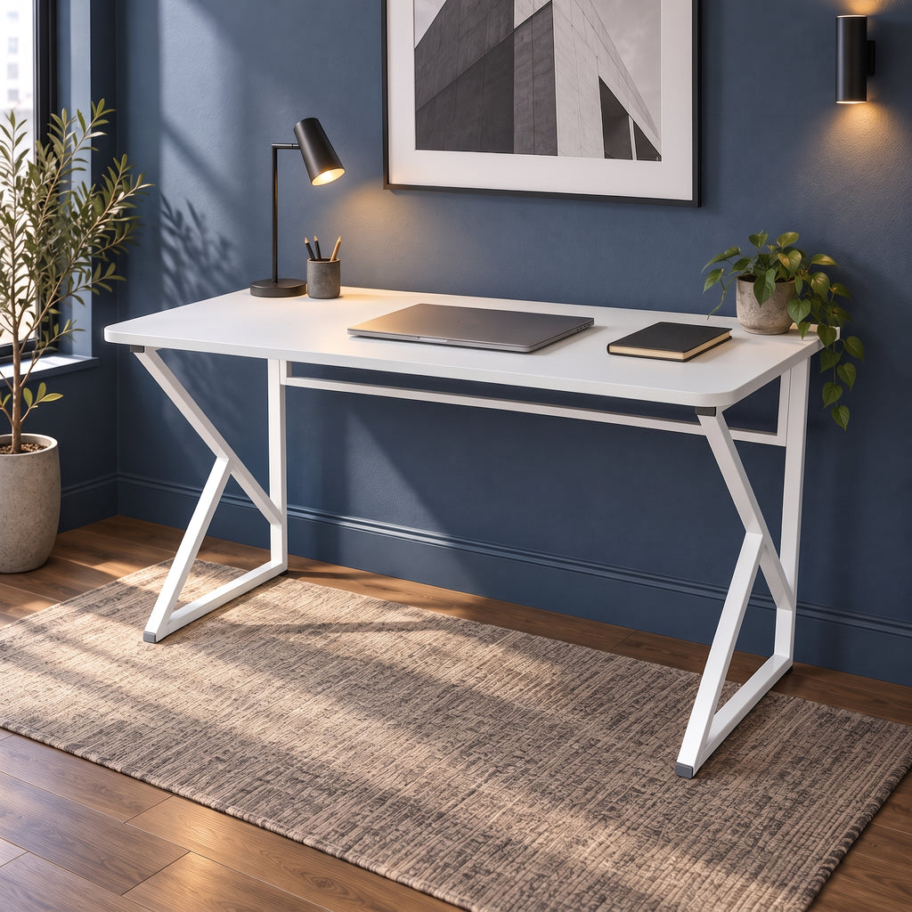 Bureau d'ordinateur en métal avec pieds en Z, ovale - Blanc 120 cm