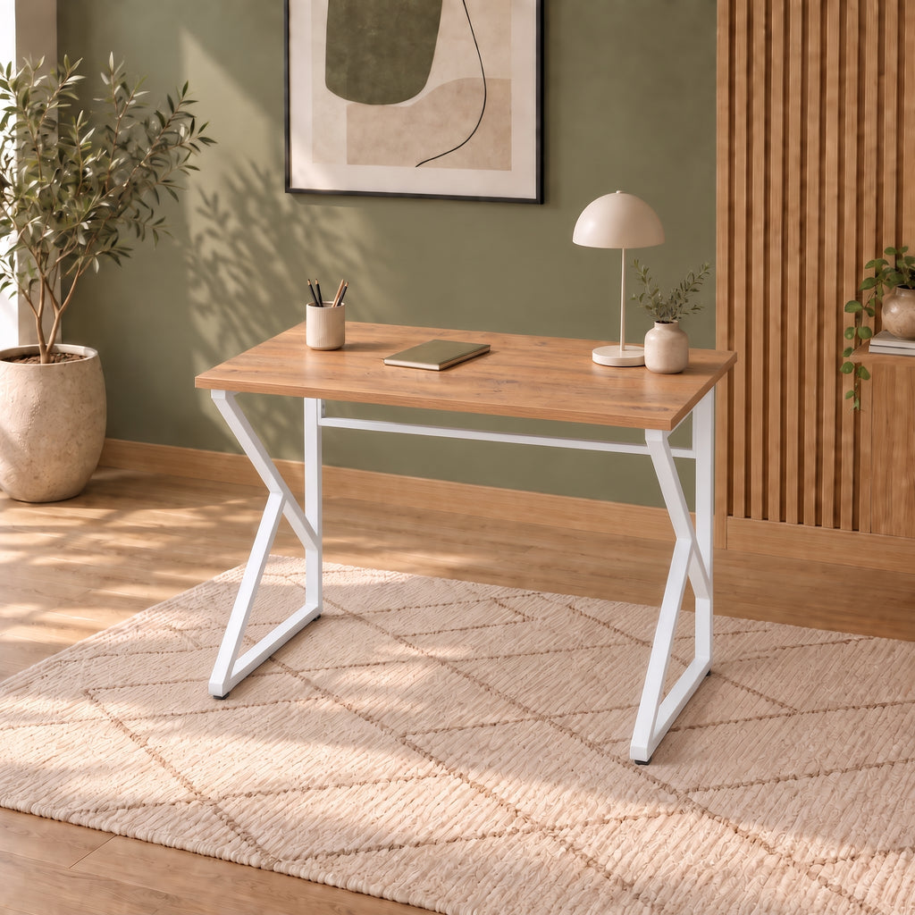 Bureau d'ordinateur de travail en métal avec pieds en Z 90 cm - Pin Atlantique - Pieds blancs