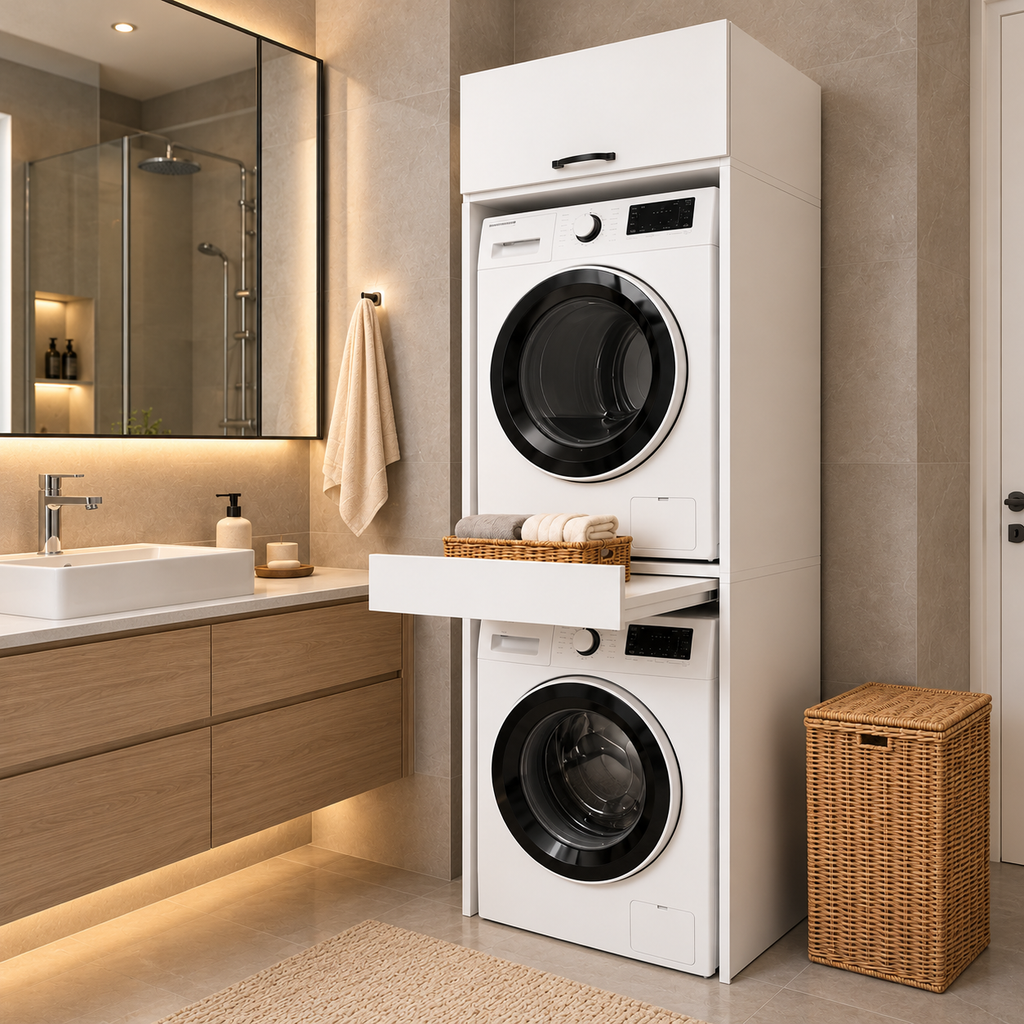 Meuble de salle de bain en MDF pour lave-linge et sèche-linge avec placard et tiroir - Blanc