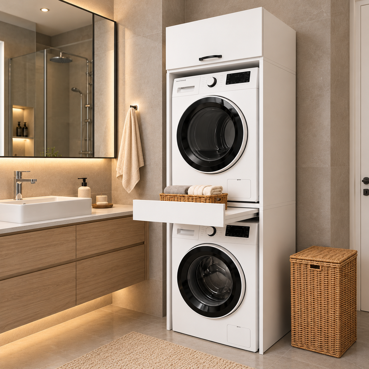 Çamaşır ve Kurutma Makinesi Kapak Bölmeli Çekmeceli MDF Banyo Dolabı - Beyaz