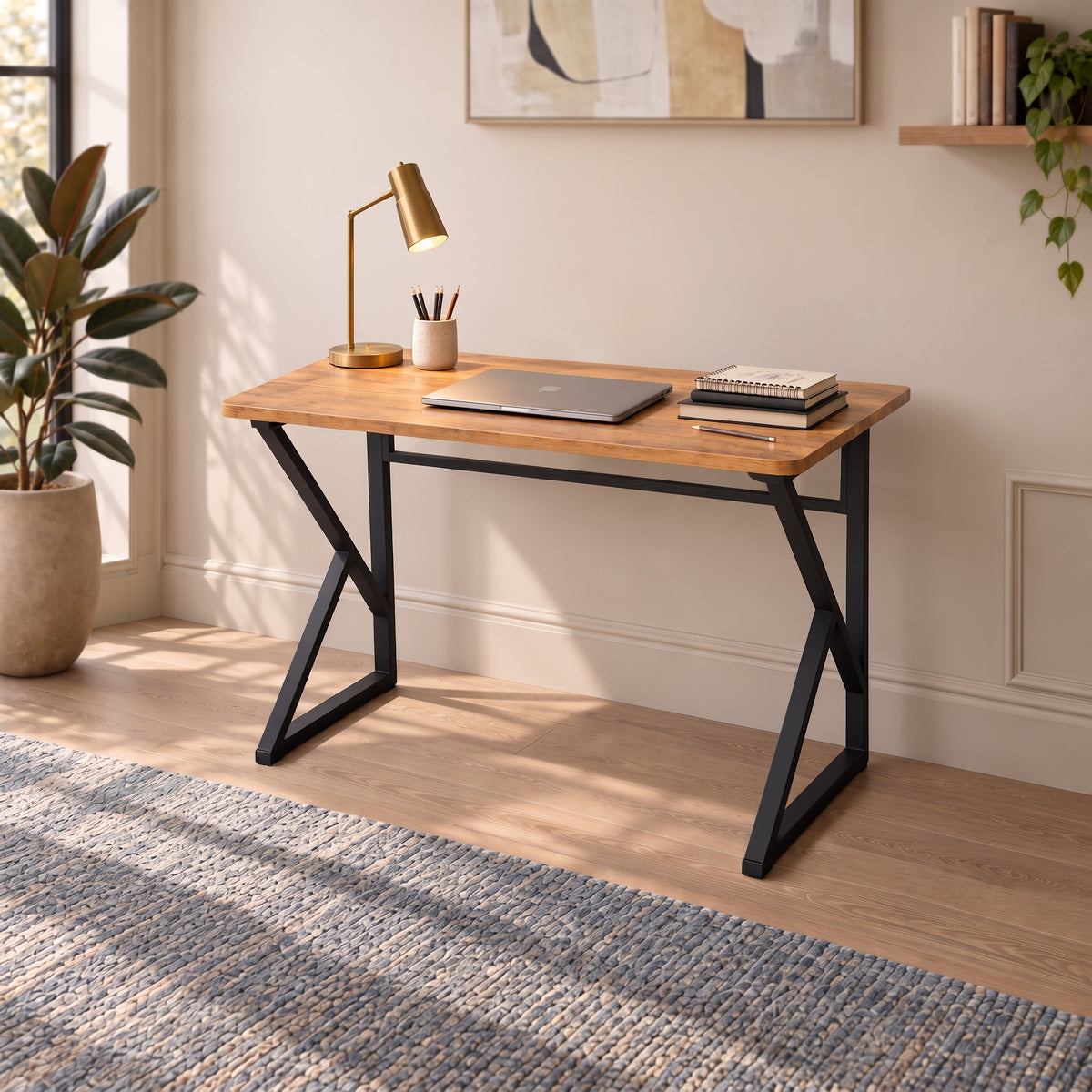 Z-Leg Metal Office Desk Computer Desk 90 cm Oval - Atlantic Pine - Black Leg
