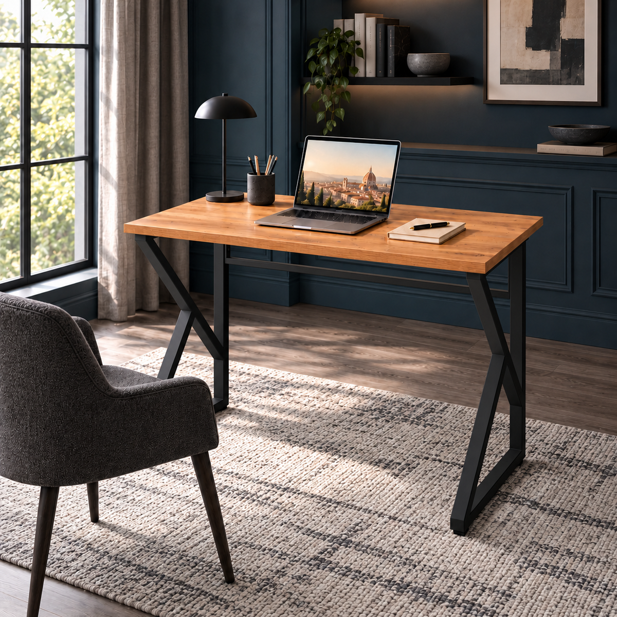 Z-Leg Metal Desk Computer Desk 90 cm - Atlantic Pine - Black Leg