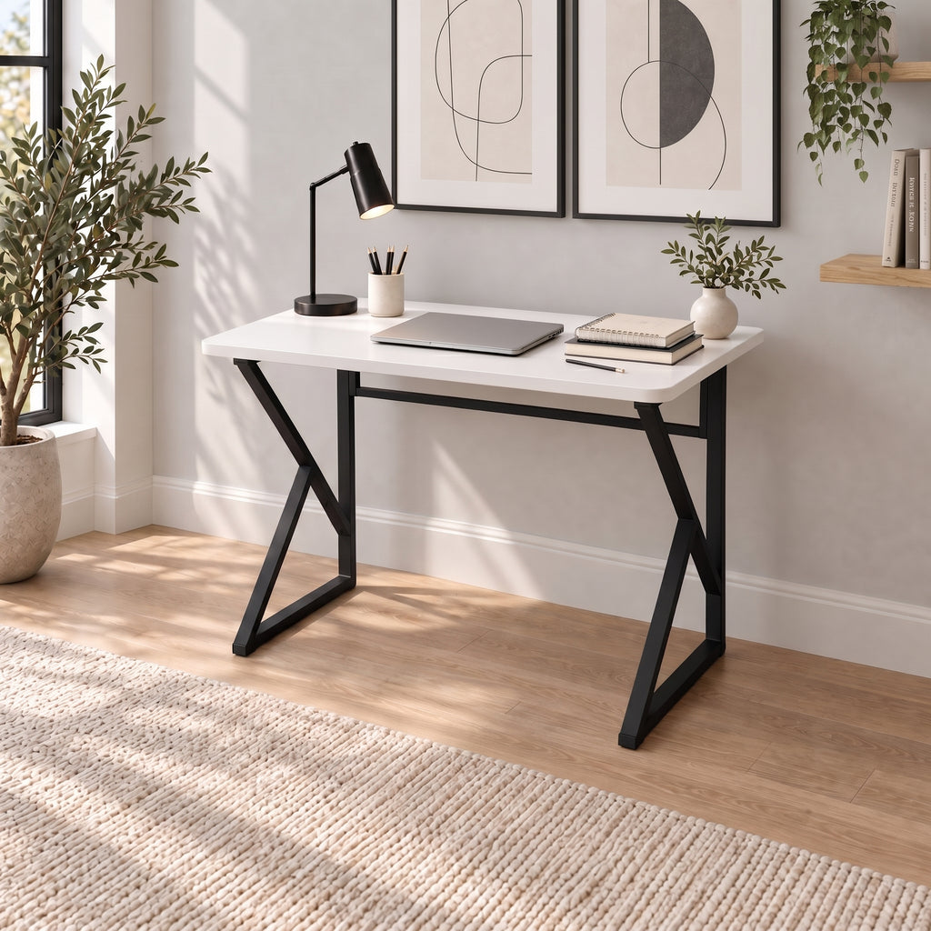 Bureau d'ordinateur en métal avec pieds en Z, 90 cm, ovale - Blanc - Pieds noirs