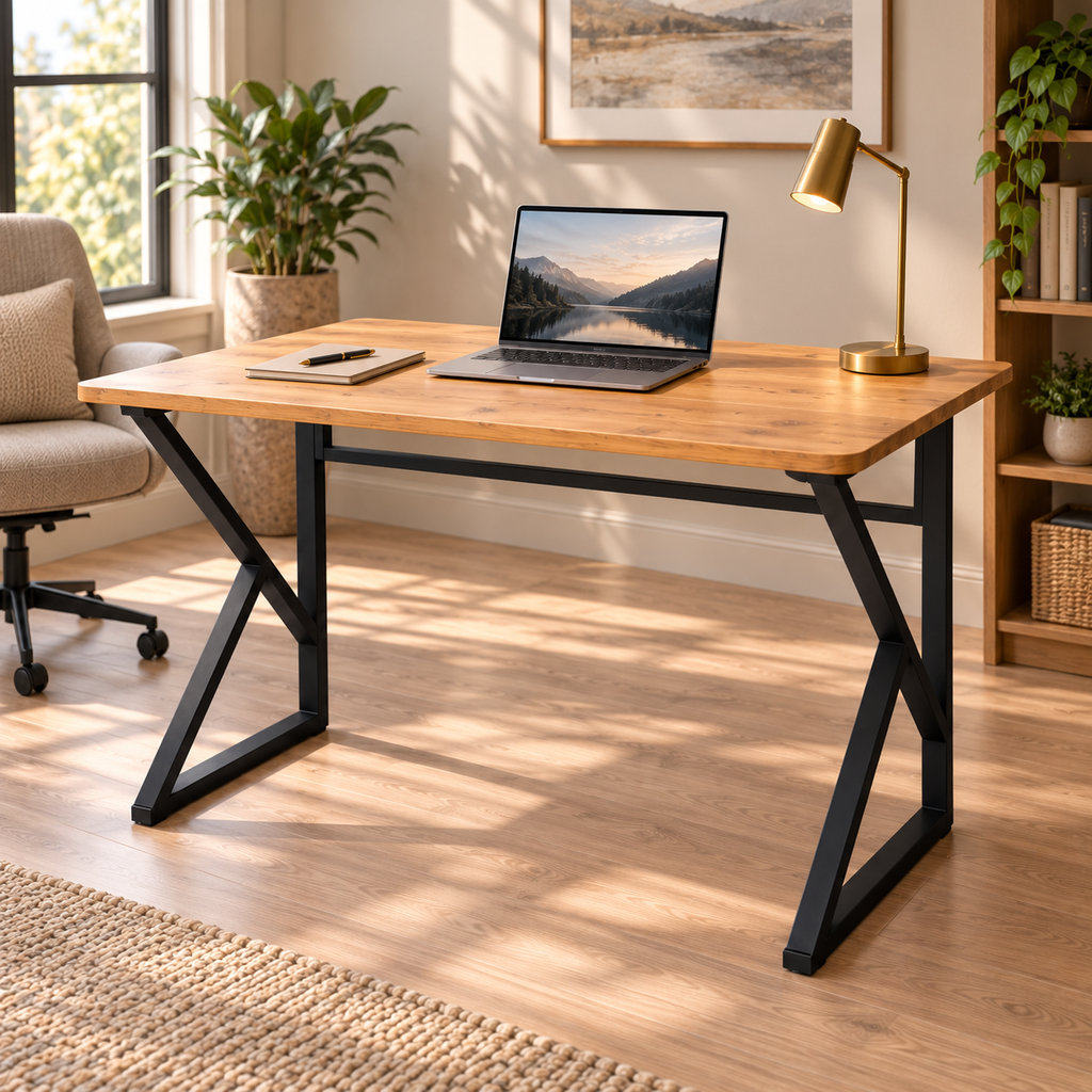 Z-Leg Metal Office Desk Computer Desk 90 cm Oval - Atlantic Pine - Black Leg