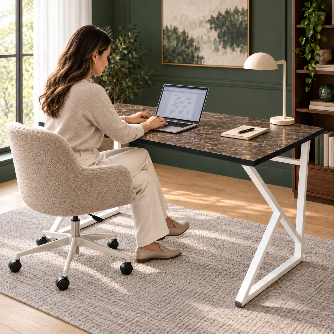 Z-Leg Metal Desk Computer Desk - Black Marble - White Leg 120 cm