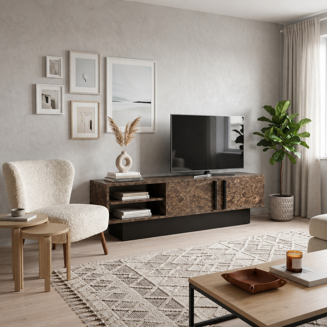 Dekoratif 2 Raflı 2 Kapaklı Tv Sehpası - Siyah Taş