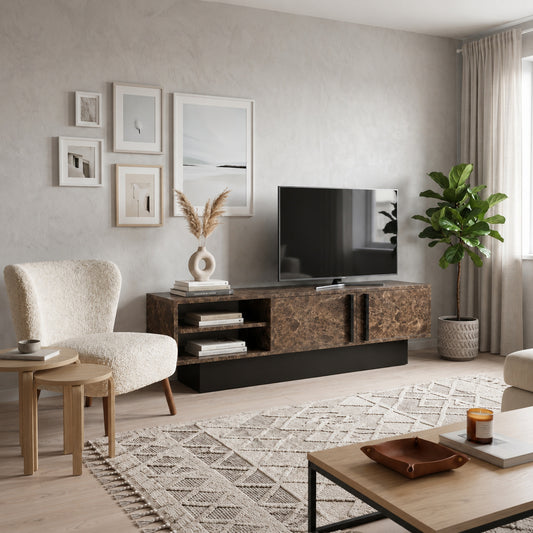 Dekoratif 2 Raflı 2 Kapaklı Tv Sehpası - Siyah Taş