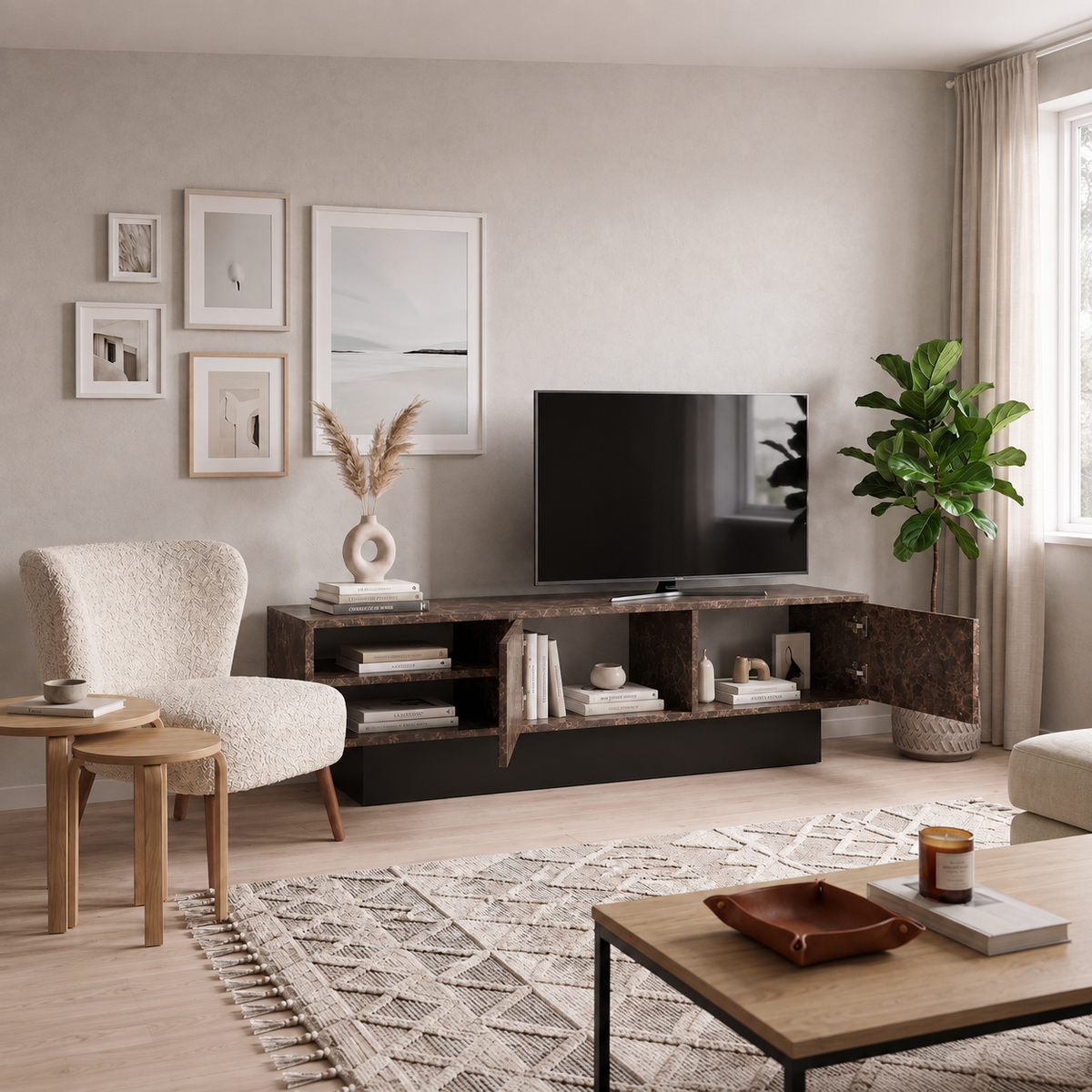 Dekoratif 2 Raflı 2 Kapaklı Tv Sehpası - Siyah Taş
