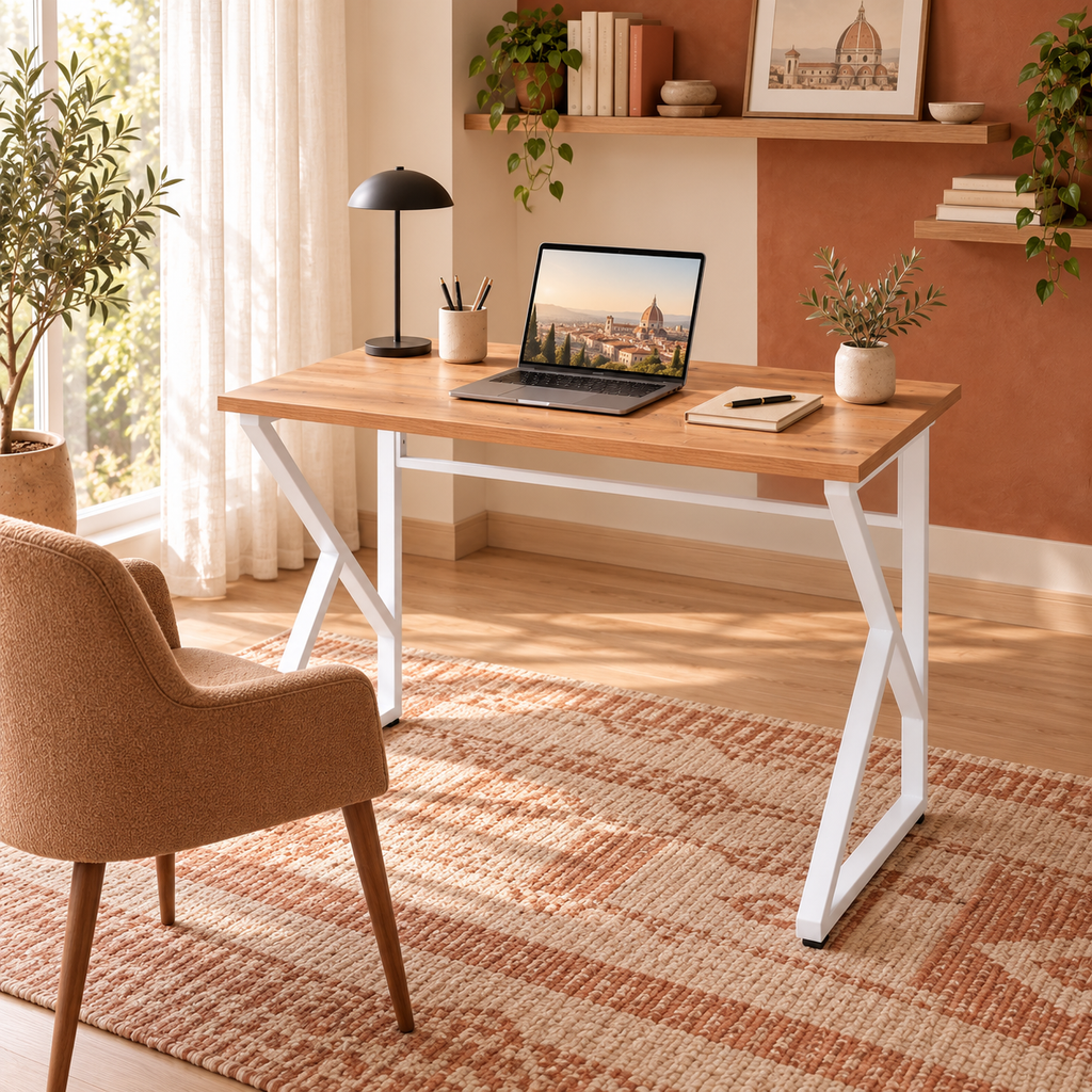 Bureau d'ordinateur de travail en métal avec pieds en Z 90 cm - Pin Atlantique - Pieds blancs
