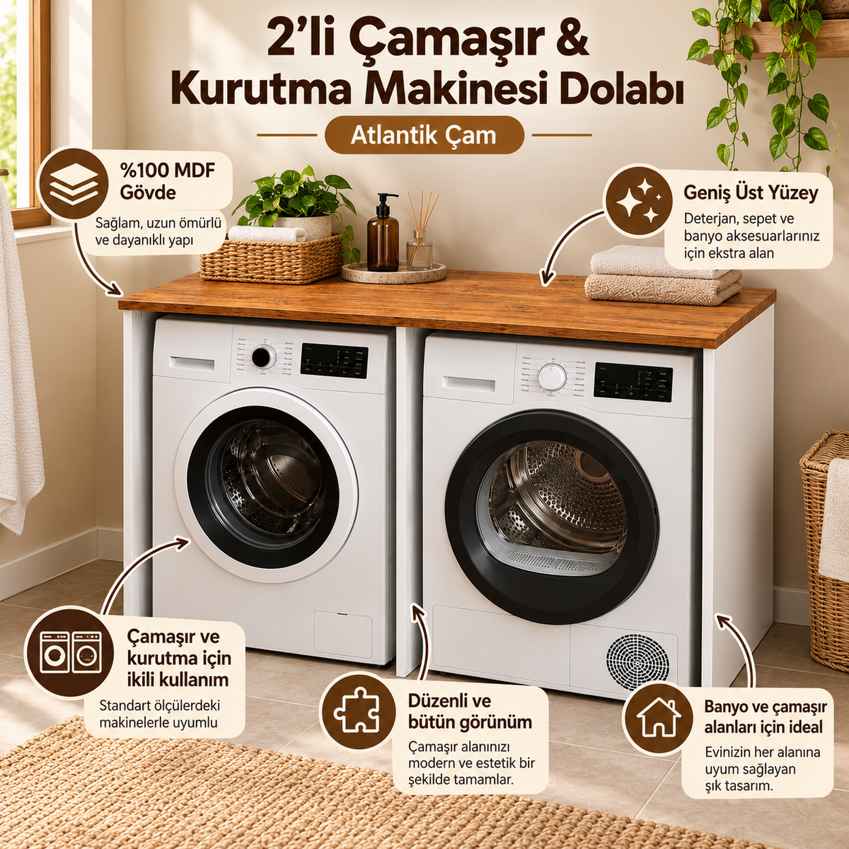 Washer and Dryer MDF Bathroom Cabinet without Doors, Set of 2 - Atlantic Pine