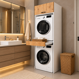 Meuble de salle de bain en MDF pour lave-linge et sèche-linge avec placard et tiroir - Pin atlantique