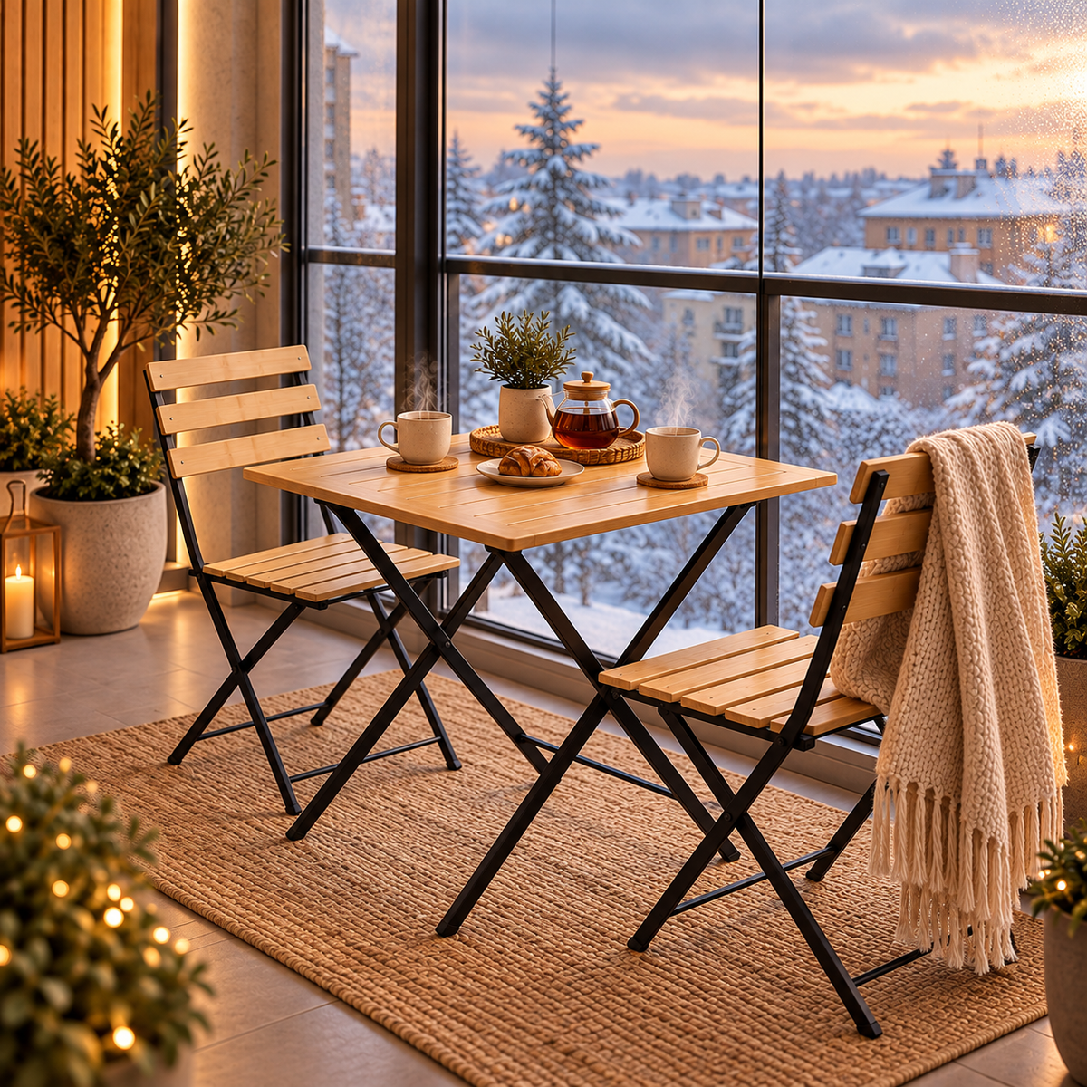 Ensemble table et chaises de balcon pliables en bambou