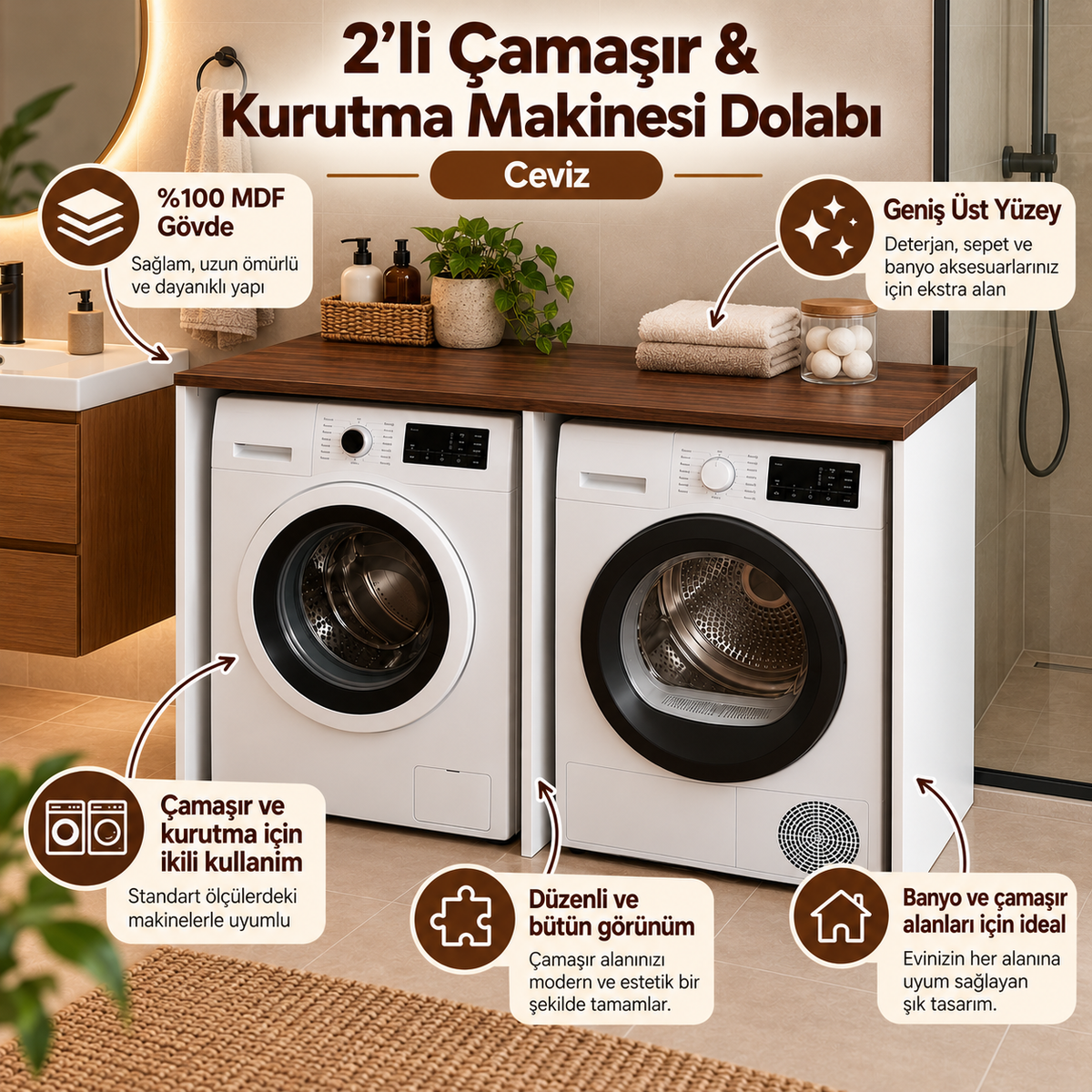 Washing Machine and Dryer Cabinet without Doors, MDF Bathroom Unit, Set of 2 - Baroque