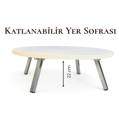 Katlanır Metal Ayaklı Yuvarlak Yer Sofrası – Beyaz Renk Hamur Açma ve Çok Amaçlı Masa