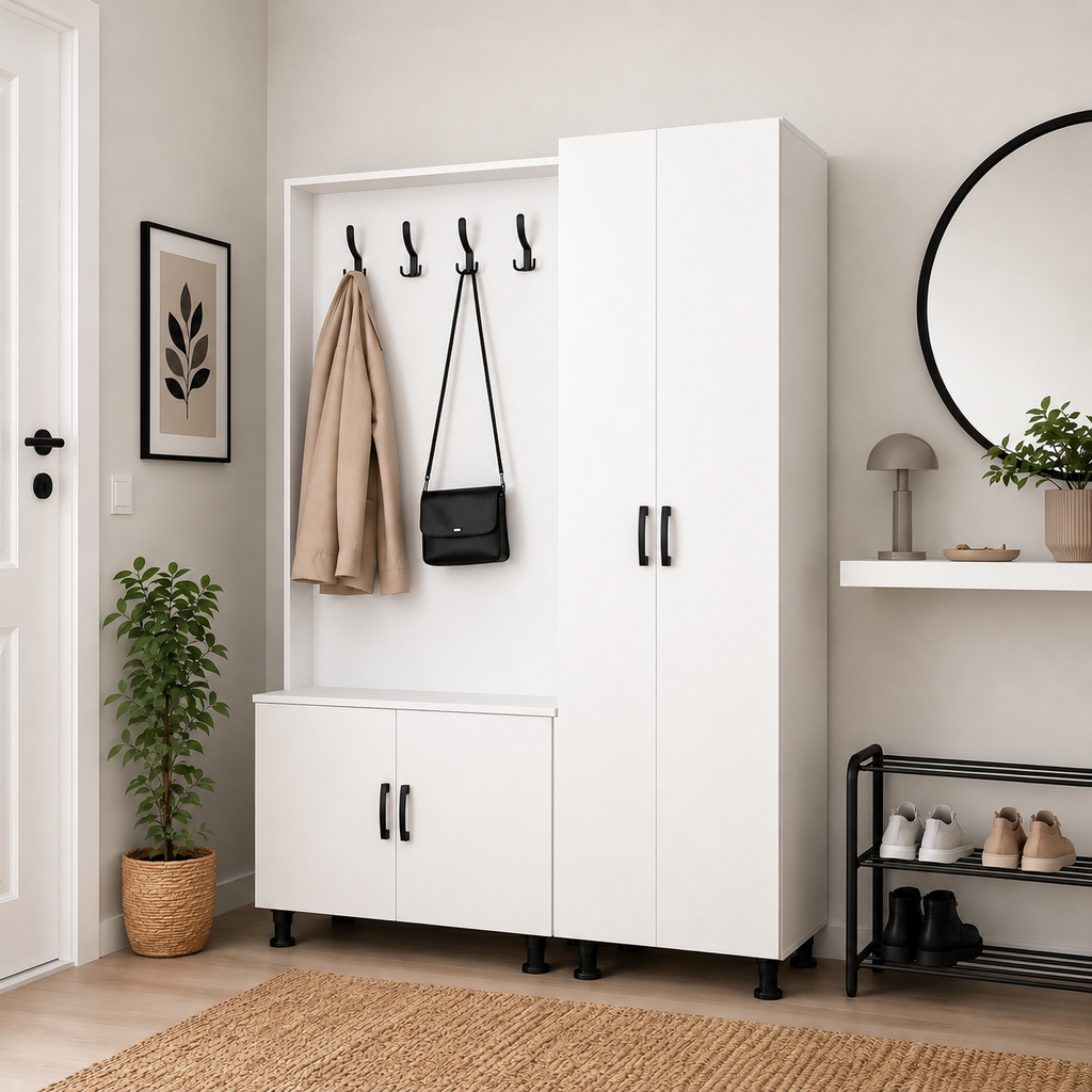 2-Door Coat Rack, Hallway Unit, and Shoe Cabinet - White