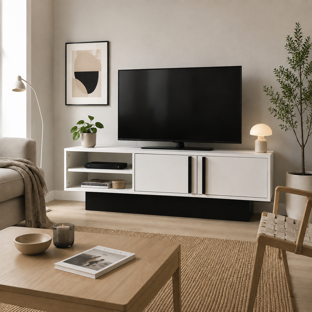 Dekoratif 2 Raflı 2 Kapaklı Tv Sehpası - Beyaz