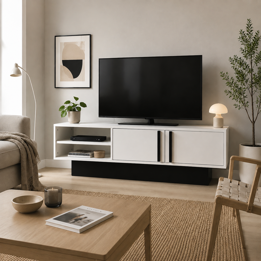 Dekoratif 2 Raflı 2 Kapaklı Tv Sehpası - Beyaz
