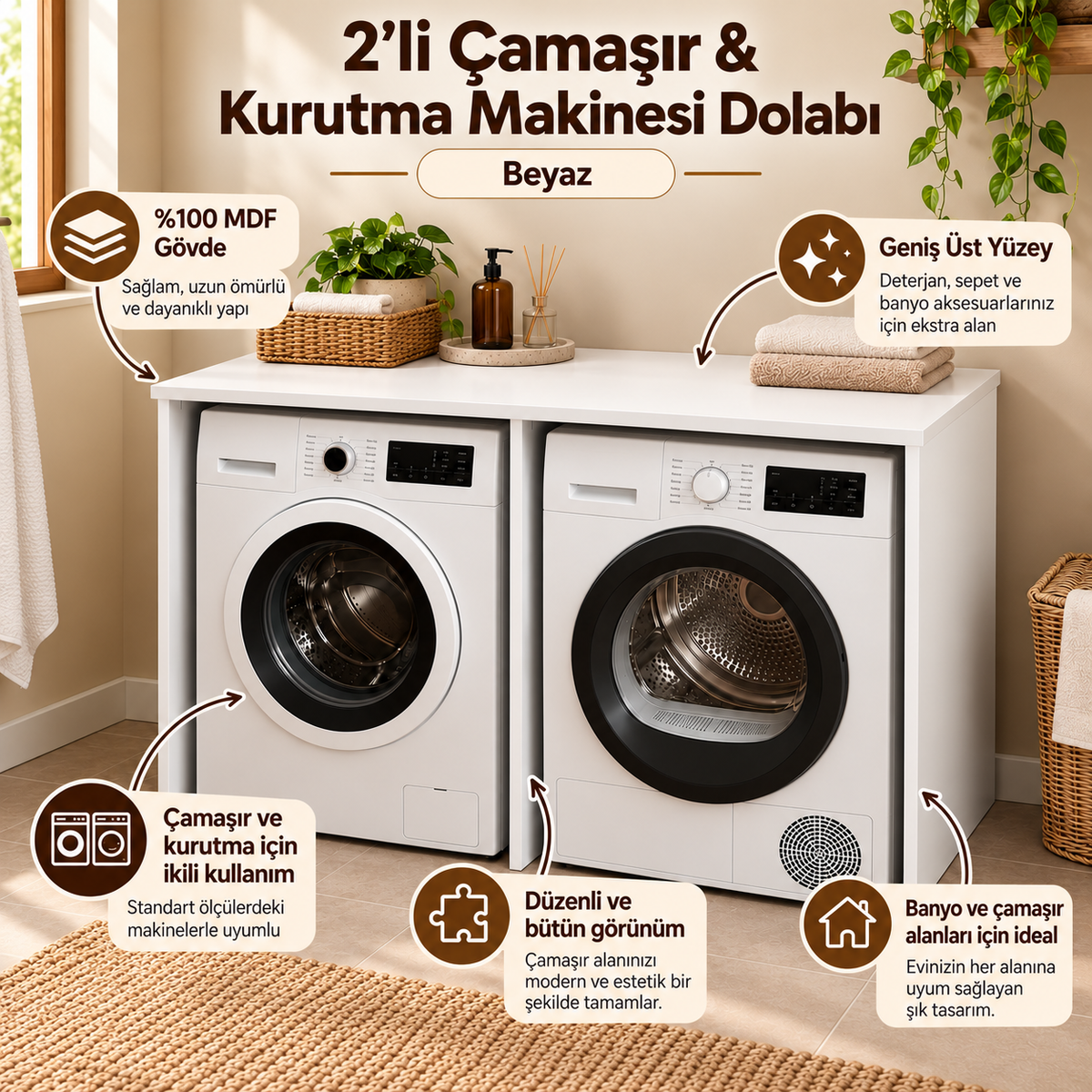 Washing Machine and Dryer Cabinet without Doors MDF Bathroom Cabinet Set of 2 - White