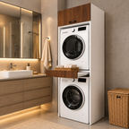 Meuble de salle de bain en MDF pour lave-linge et sèche-linge avec compartiment à porte et tiroir - Noyer