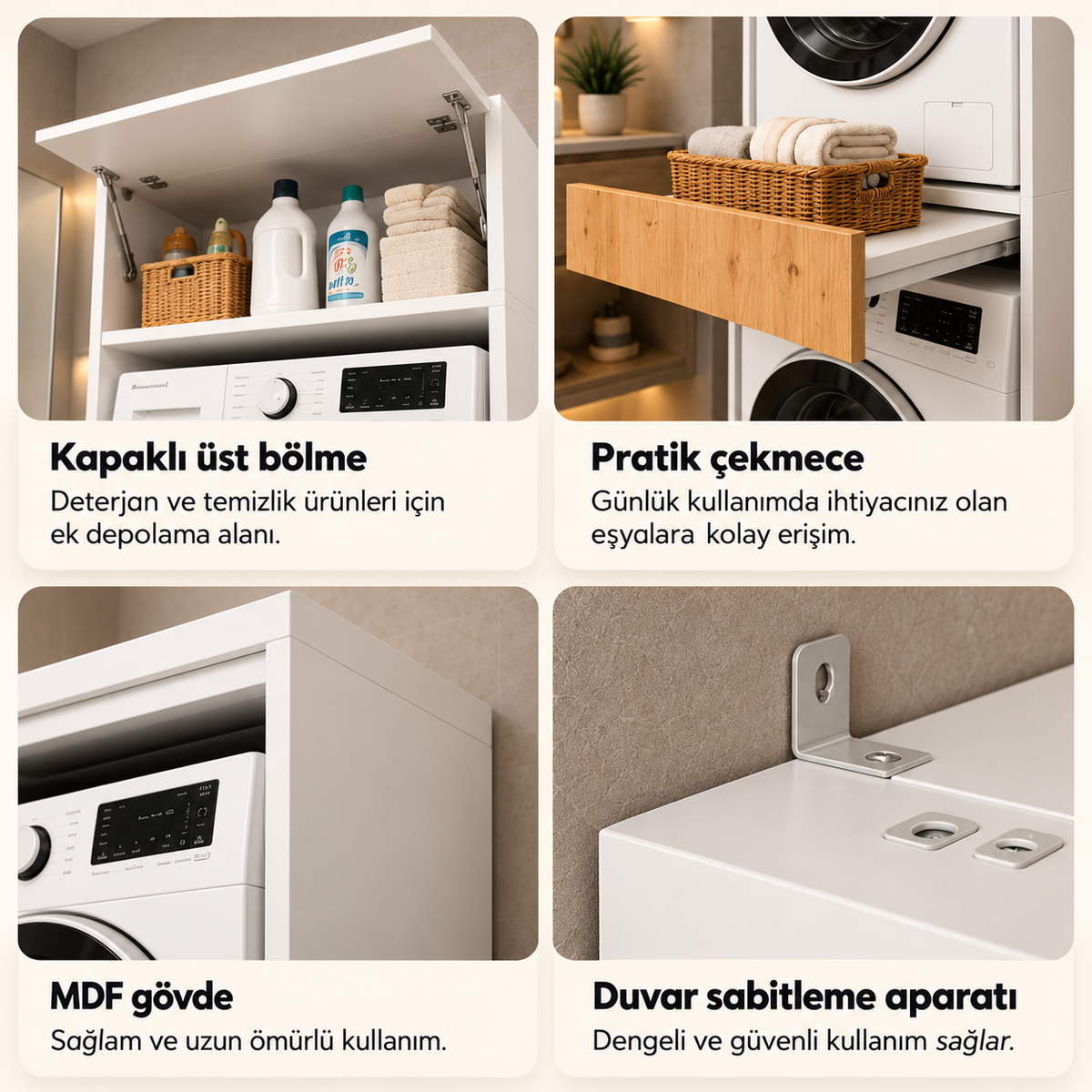 Çamaşır ve Kurutma Makinesi Kapak Bölmeli Çekmeceli MDF Banyo Dolabı - Beyaz