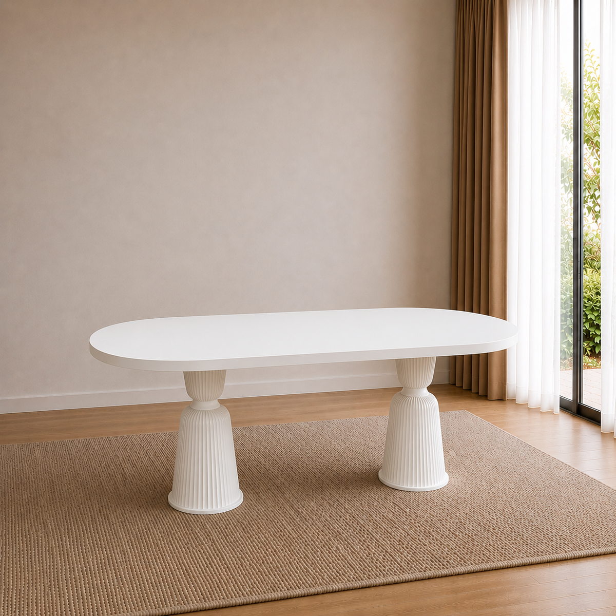 %100 MDF Oval Beyaz Yemek Masası - Kupa Ayak
