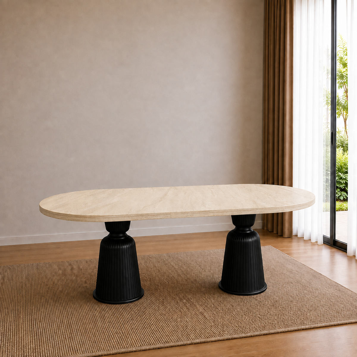 Traverten Desenli %100 MDF Oval Yemek Masası - Kupa Ayak