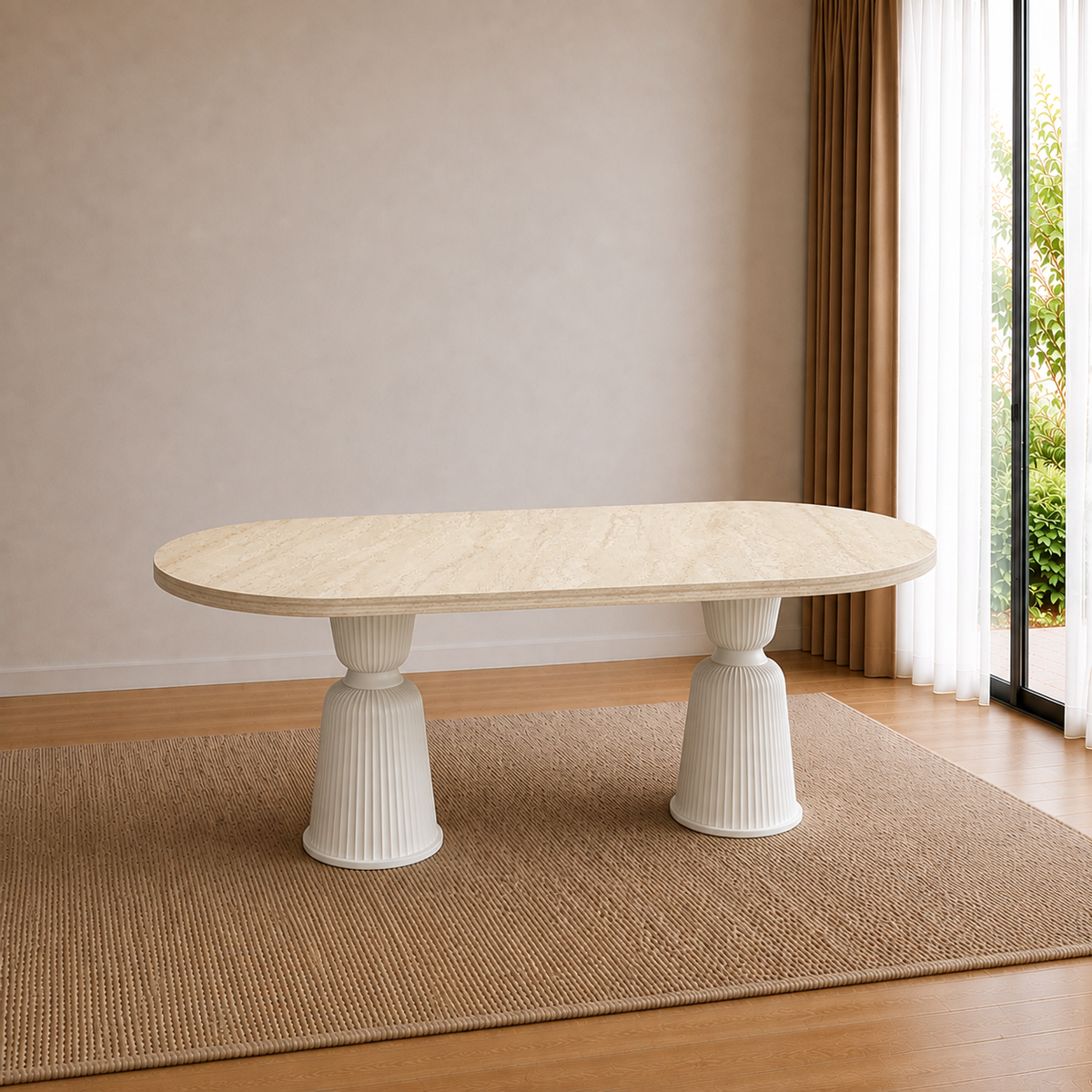 Traverten Desenli %100 MDF Oval Yemek Masası - Kupa Ayak