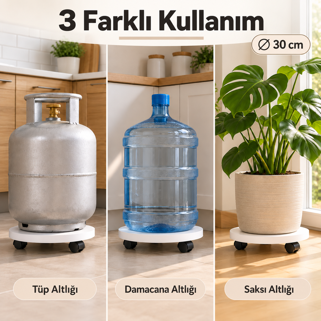 Yuvarlak Tekerlekli Ahşap Saksı Altlığı Damacana Tüp Saksı Standı - Beyaz