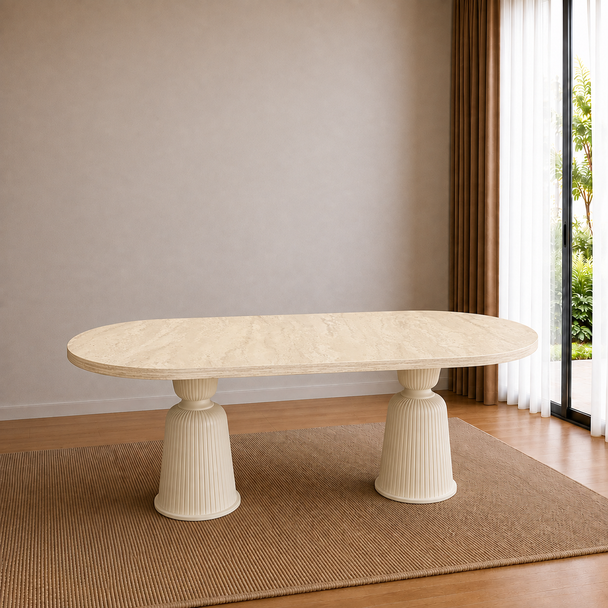 Traverten Desenli %100 MDF Oval Yemek Masası - Kupa Ayak