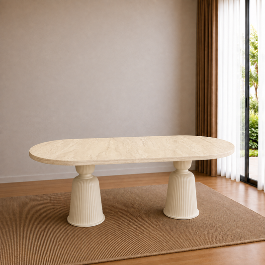 Traverten Desenli %100 MDF Oval Yemek Masası - Kupa Ayak