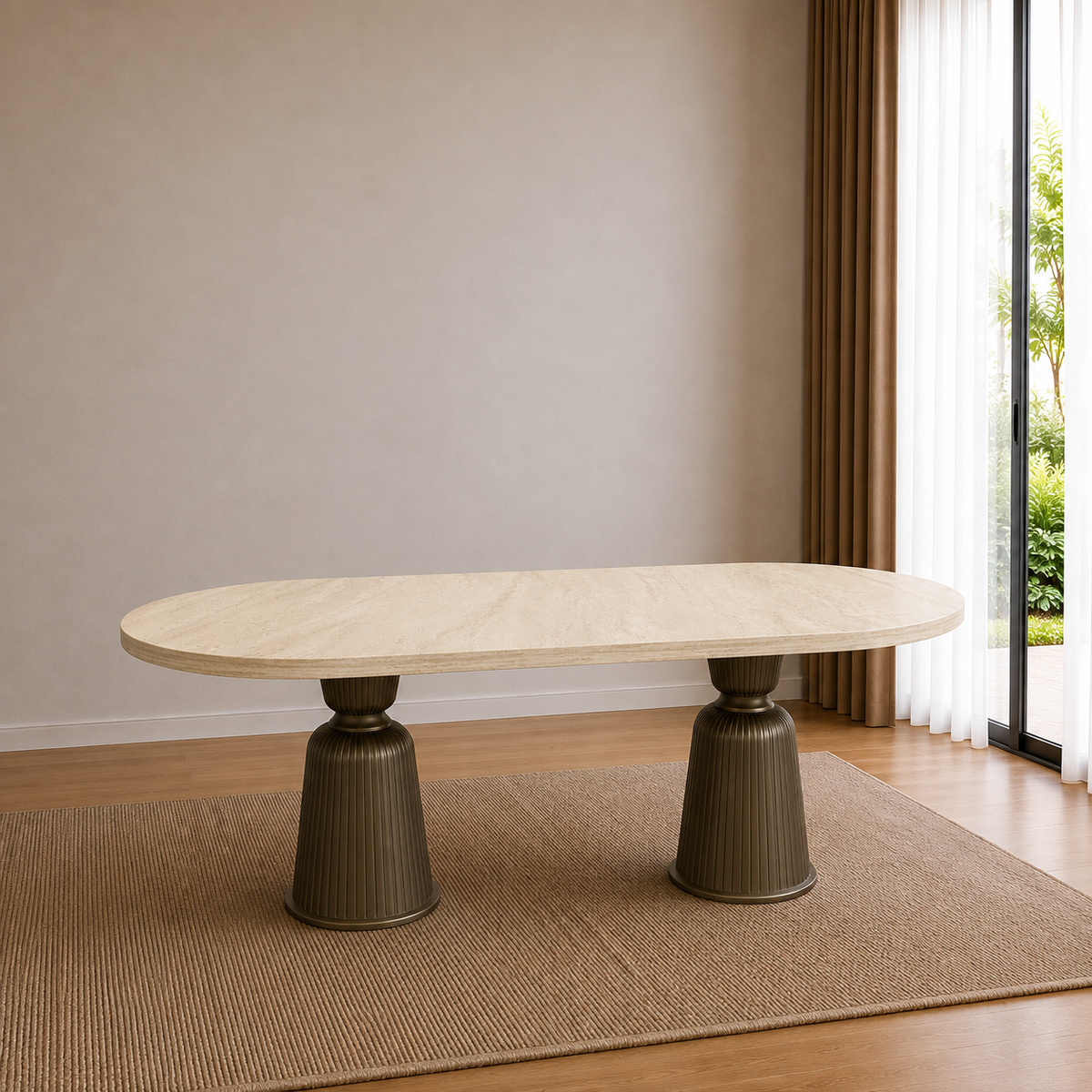 Traverten Desenli %100 MDF Oval Yemek Masası - Kupa Ayak